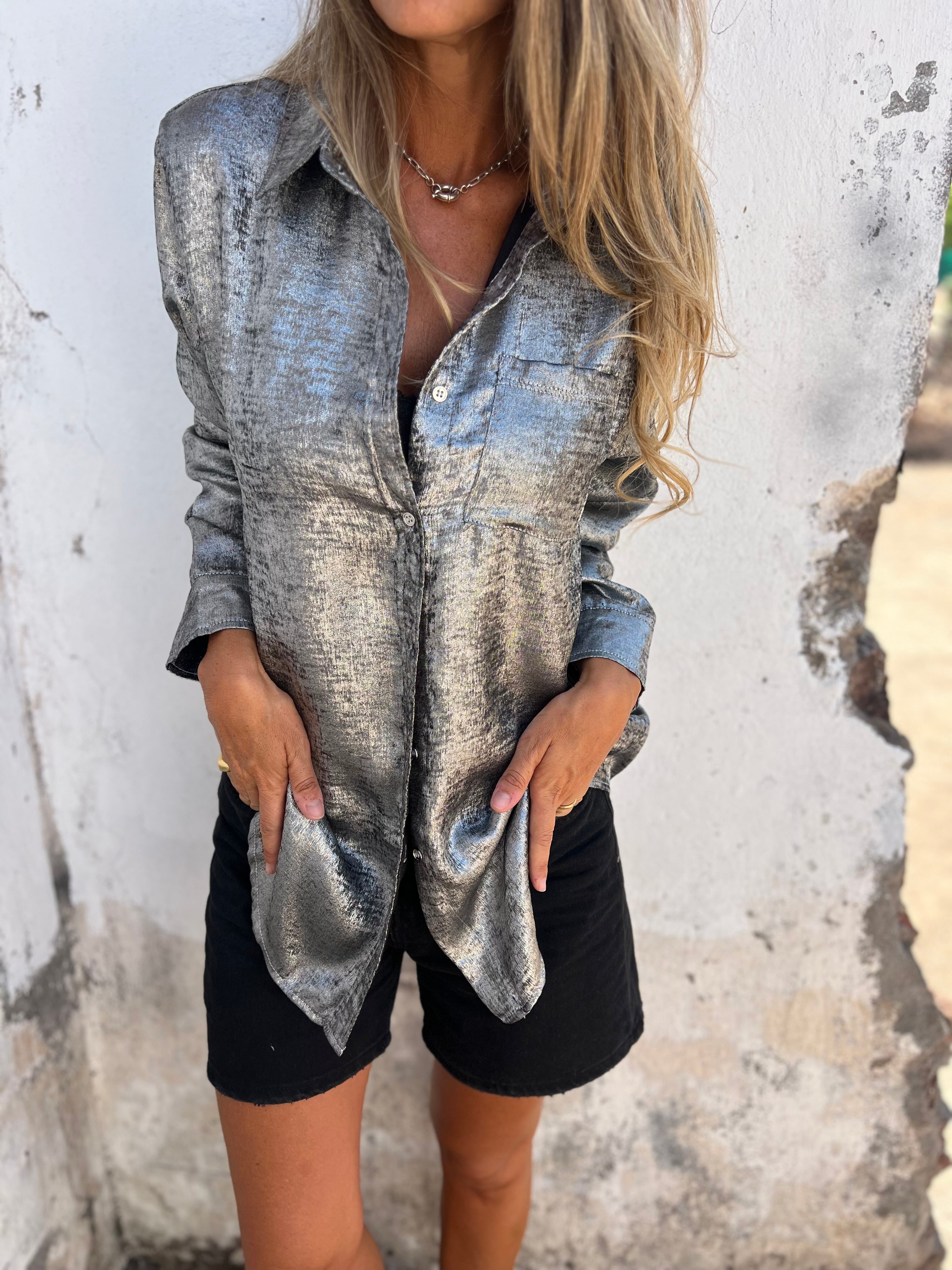 Blusa metalizada fiesta gris acero