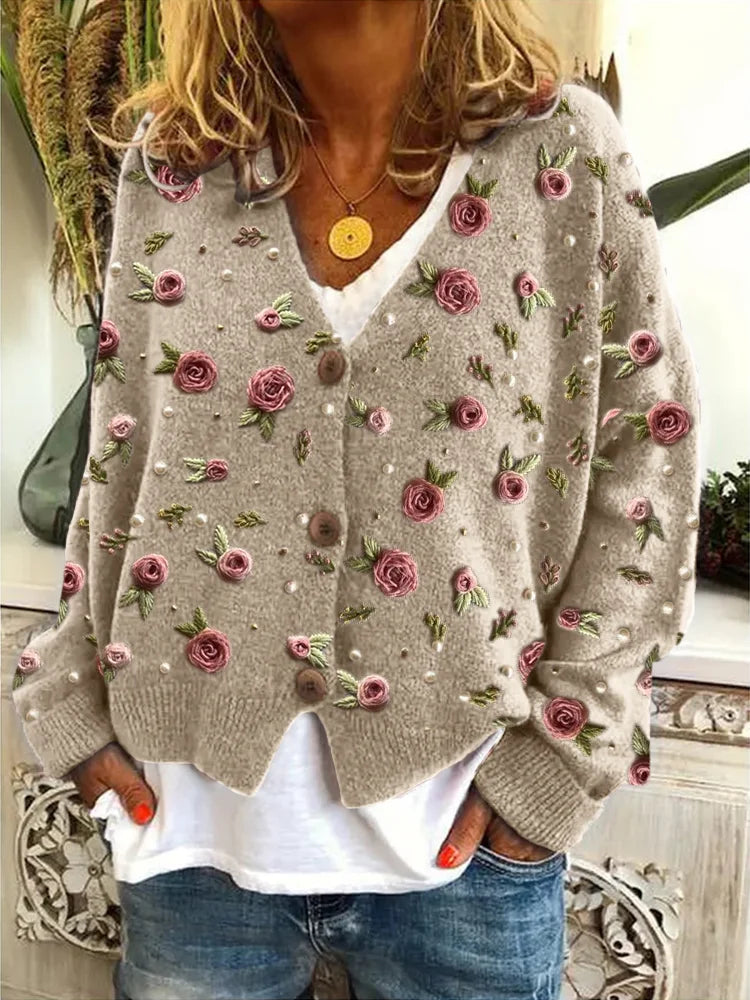 Classy Roses Pearls Beaded Embroidered Cozy Cardigan